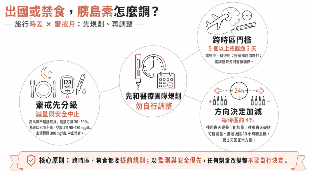 糖尿病出國與齋戒月胰島素調整資訊圖：跨 5 個以上時區或超過 3 天才需調、每時區約 4% 往西加往東減、齋戒先風險分級減量，先和醫療團隊規劃勿自行調整