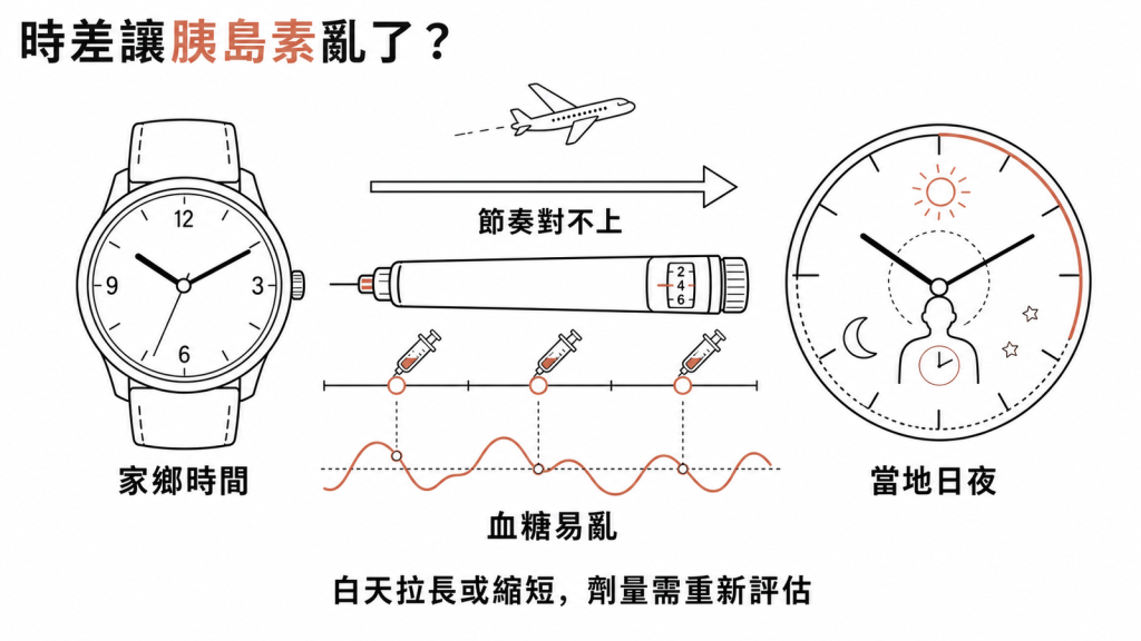 跨時區時身體時鐘與當地日夜對不上、胰島素節奏錯亂導致血糖易亂的示意圖