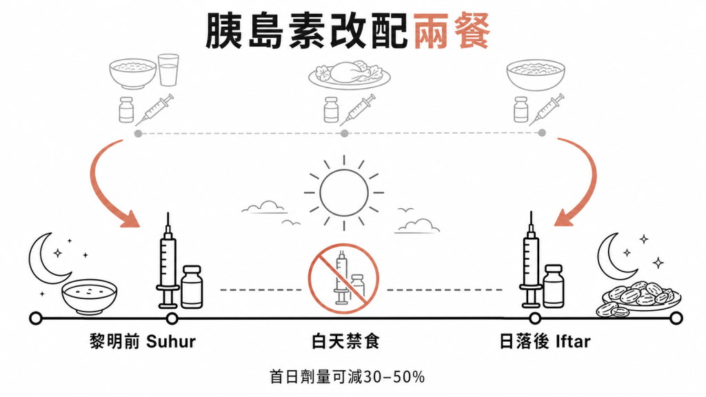 齋戒月把胰島素重新分配到黎明前 Suhur 與日落後 Iftar 兩餐、白天禁食的示意圖