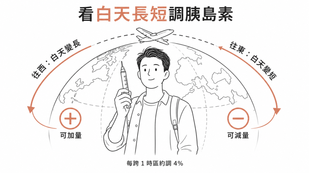 往西飛白天變長可加量、往東飛白天變短可減量、每跨一個時區約調整 4% 的示意圖