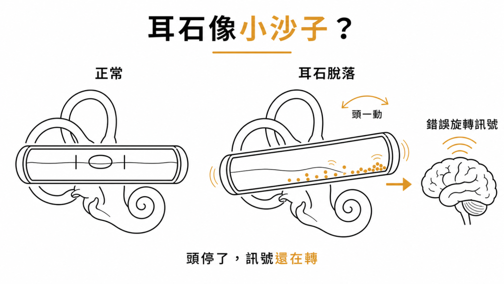 耳石脫落像水平儀跑進小沙子：頭一動沙子滾動，內耳持續發送錯誤旋轉訊號給大腦，頭停了還覺得天旋地轉