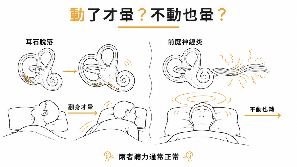 耳石脫落翻身才暈、發作幾秒到一分鐘，前庭神經炎常在感冒後不動也轉、持續數天，兩者聽力通常正常