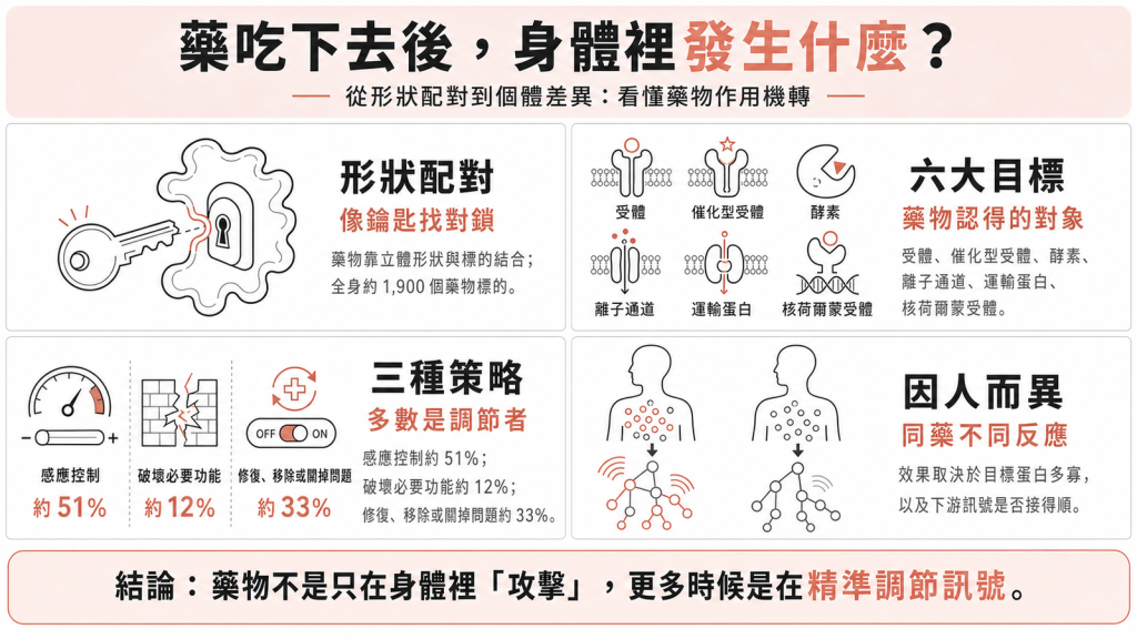 藥物作用機轉資訊圖：藥物靠形狀配對找對標的，認得受體、酵素、離子通道等六大標的，靠感應控制、破壞、修復三種策略治病