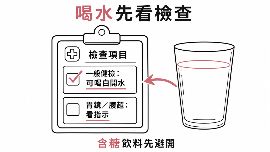 不同檢查喝水方式:一般健檢可喝約200到300cc白開水,胃鏡腹部超音波要依檢查單特殊指示,含糖飲料一律避開