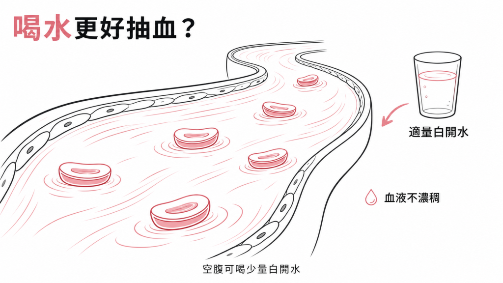 血管像河道紅血球像小船,喝適量白開水讓水位正常血液不濃稠,抽血更輕鬆準確,白開水沒有熱量糖分不干擾檢驗