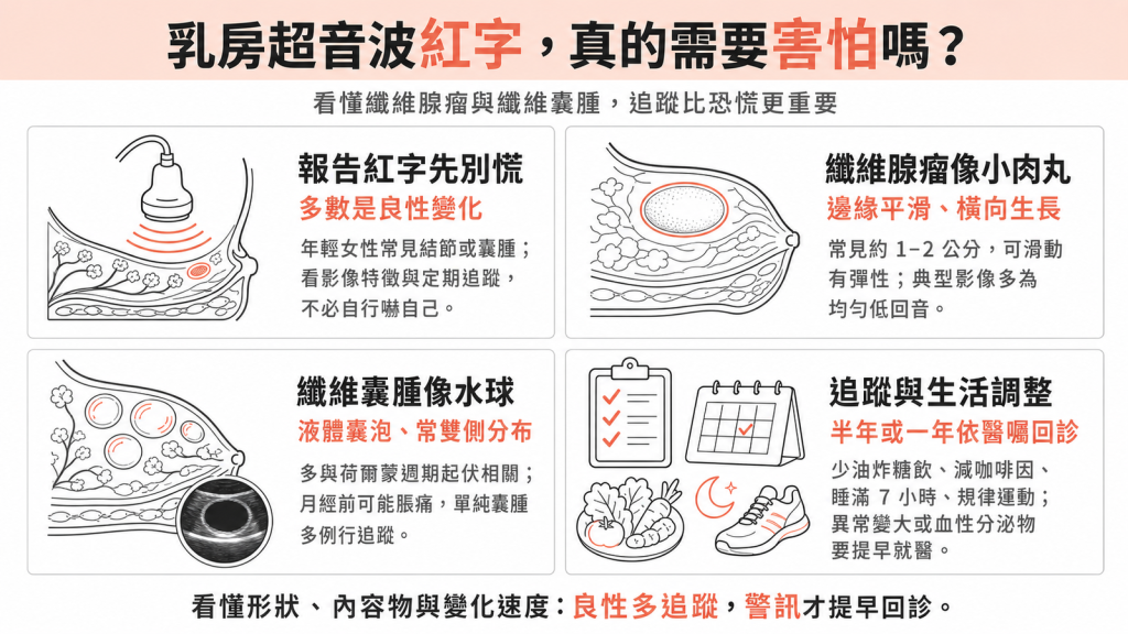 乳房超音波紅字資訊圖:報告紅字多數是良性變化、纖維腺瘤像小肉丸邊緣平滑橫向生長約 1-2 公分、纖維囊腫像水球液體囊泡常雙側分布、追蹤與生活調整半年或一年依醫囑回診