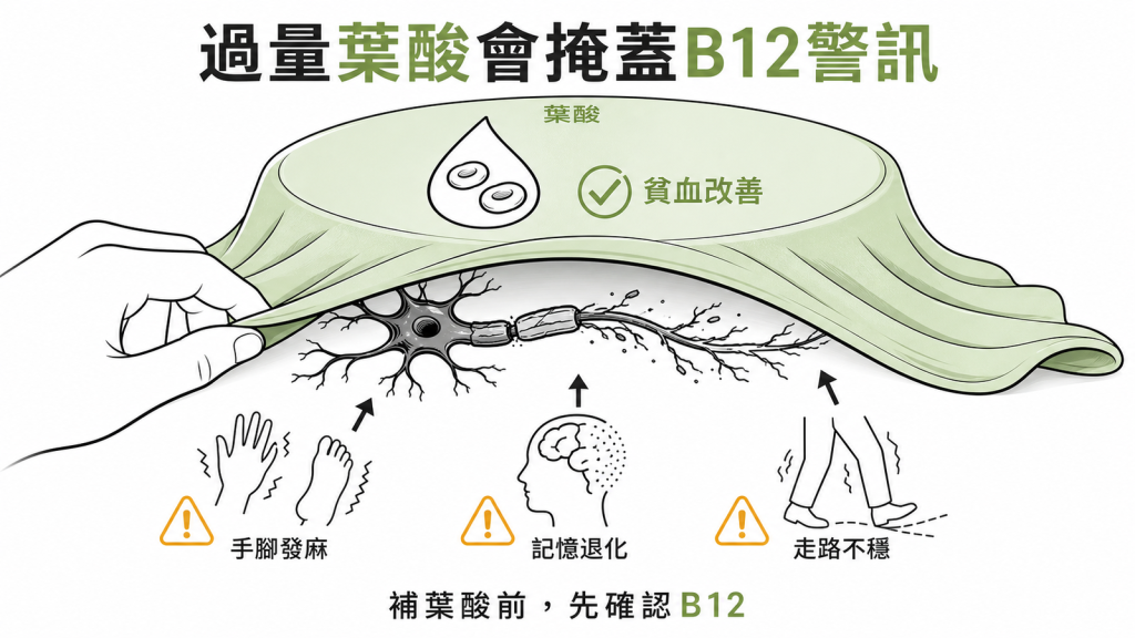 高劑量葉酸讓貧血表面改善卻掩蓋B12缺乏的神經警訊,補葉酸前先確認沒有缺B12