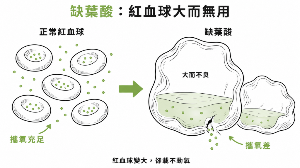 缺葉酸時骨髓造出體積特別大卻攜氧差的紅血球,稱巨芽球性貧血,讓人疲倦臉色蒼白