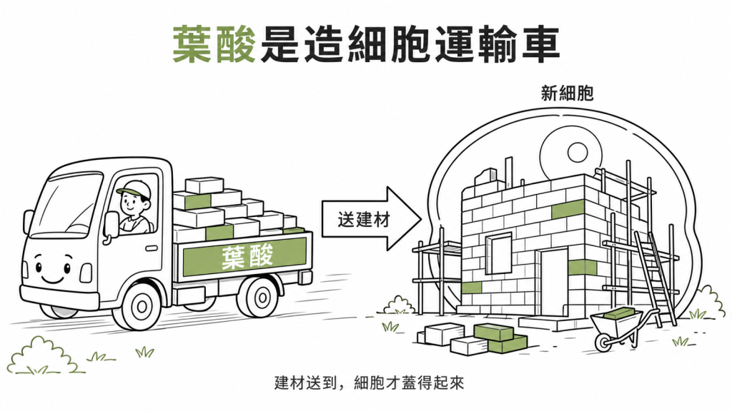 葉酸像載磚塊的運輸車,把建材送到工地讓新細胞順利合成分裂
