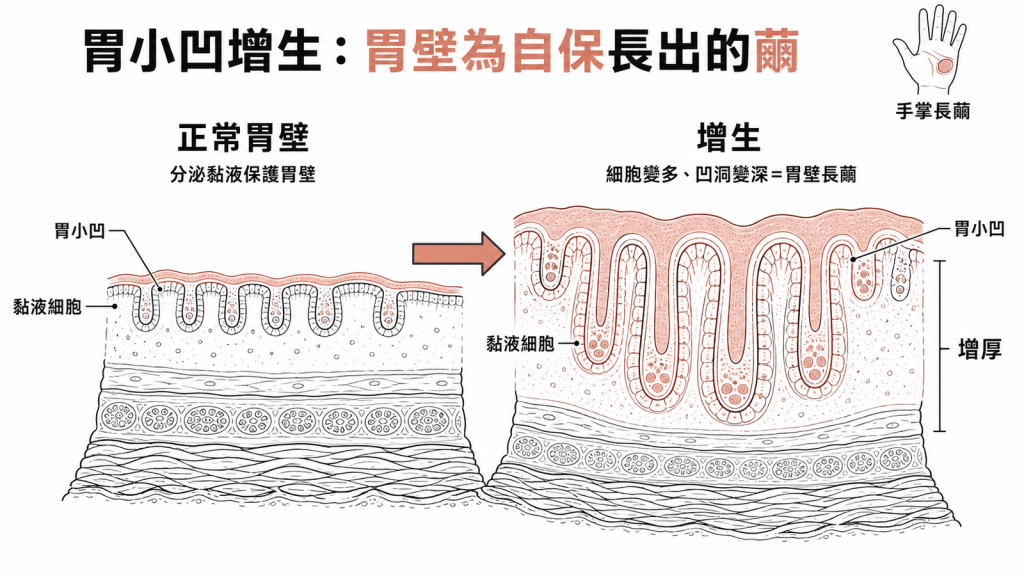 胃壁黏膜剖面對照:正常胃壁的胃小凹淺而規則分泌黏液保護胃壁,增生時黏液細胞變多凹洞變深整層增厚,就像胃壁為自保長出的繭