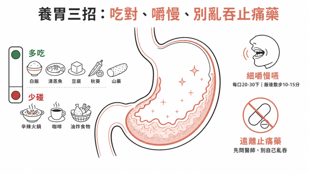 養胃三招:飲食紅綠燈多吃白飯清蒸魚豆腐秋葵山藥少碰辛辣火鍋咖啡油炸、每口嚼20到30下飯後散步10到15分鐘、遠離止痛藥先問醫師別自己亂吞