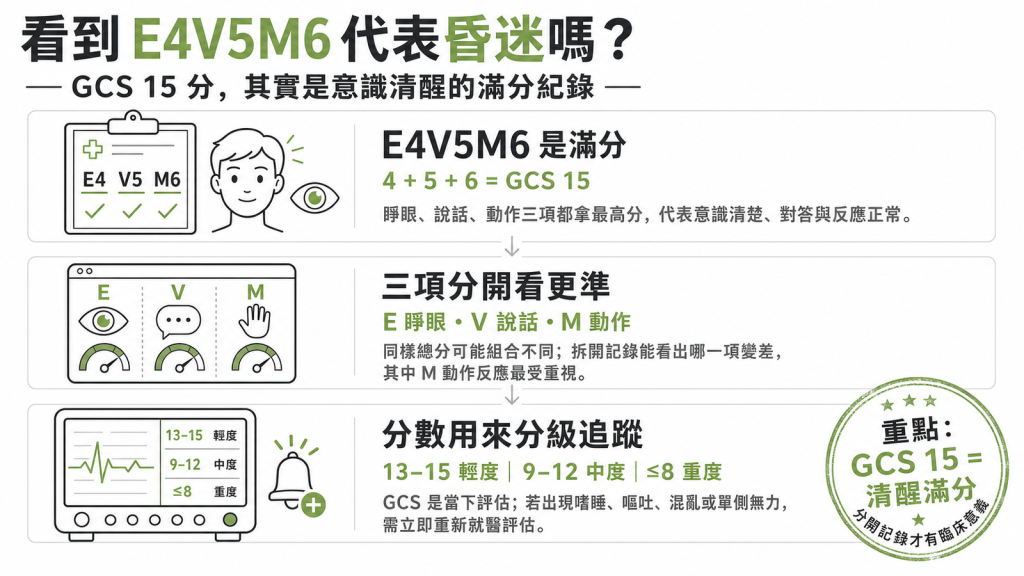 GCS 昏迷指數資訊圖：E4V5M6 代表滿分 15 意識清醒，睜眼說話動作三項分開記錄與嚴重度分級