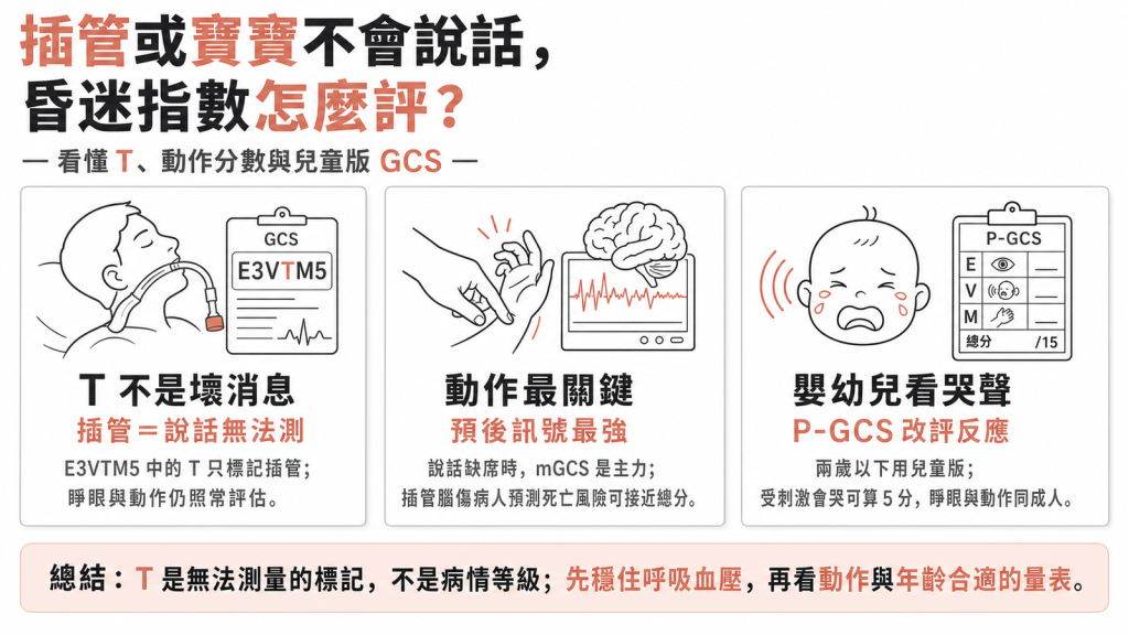 兒童與插管昏迷指數資訊圖：E3VTM5 的 T 代表插管說話無法測，動作分數最關鍵，嬰幼兒用兒童版 P-GCS 把哭聲當反應