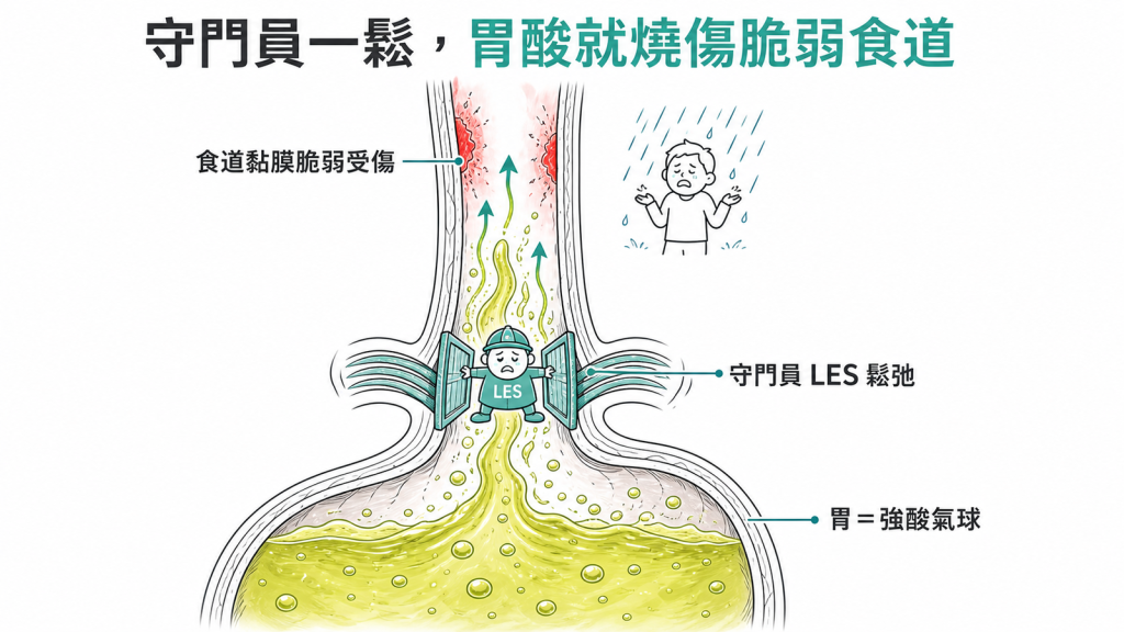 胃像裝強酸的氣球、下食道括約肌LES是守門員，守門員一鬆弛胃酸就逆流竄上食道，而食道黏膜像沒穿雨衣的行人相對脆弱、容易被燒傷發炎