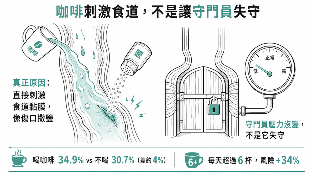 研究顯示咖啡不是讓下食道括約肌守門員失守、其壓力幾乎沒變，而是直接刺激食道黏膜像傷口撒鹽；喝咖啡者逆流比例34.9%對不喝的30.7%只差約4%，但每天超過6杯風險會比不喝高34%