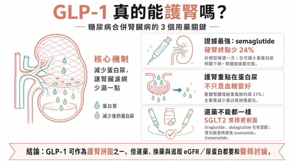 GLP-1 受體促效劑腎臟保護效果資訊圖：哪幾種藥減少蛋白尿與腎衰竭