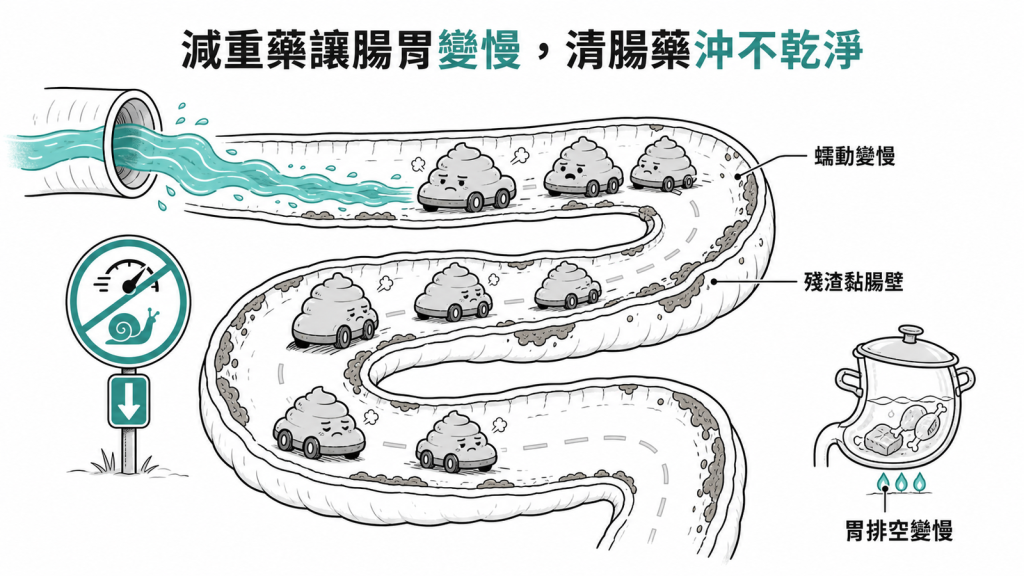 GLP-1減重藥讓腸道像被調降速限的高速公路、蠕動變慢使殘渣黏在腸壁,加上胃像慢火湯鍋排空變慢,導致清腸藥水沖不乾淨