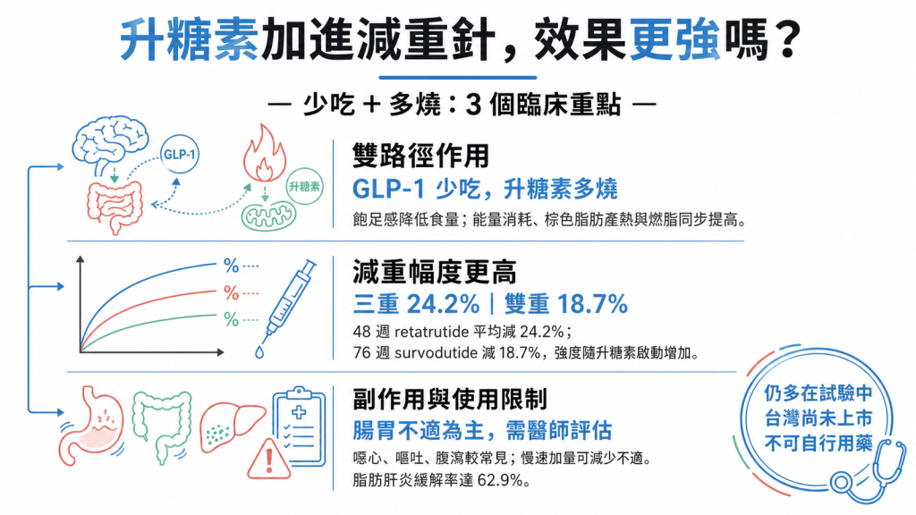 升糖素減重藥資訊圖：GLP-1 加 glucagon 雙重三重促效劑、retatrutide 減 24.2%、survodutide 減 18.7%、多在試驗台灣未上市