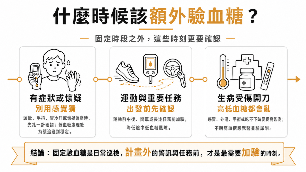糖尿病額外驗血糖時機資訊圖：有症狀或懷疑時別用感覺猜、運動與開車等任務前先確認、生病受傷開刀高低血糖都會亂