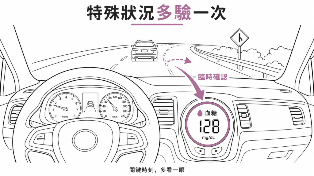 固定時段之外遇到運動開車懷疑低血糖等特殊狀況要臨時加驗血糖，像開車遇路況多看後照鏡確認安全