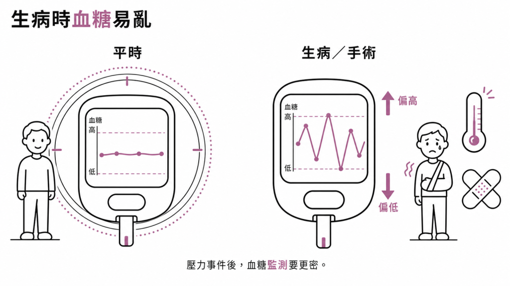 生病受傷開刀等壓力事件會同時增加高血糖與低血糖風險，血糖容易大亂，要提高監測頻率