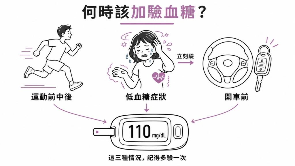 三種情況要額外加驗血糖：運動前中後、出現低血糖症狀時立刻驗、開車這類重要任務前