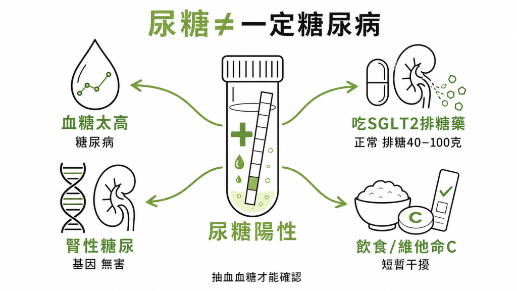 尿糖陽性不一定是糖尿病,四種原因包括血糖太高吃SGLT2排糖藥腎性糖尿和飲食維他命C干擾,要靠抽血血糖確認