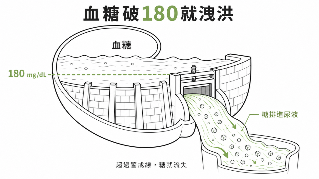 腎臟像水壩,血糖超過約180mg/dL警戒線就打開洩洪道把多餘糖分排進尿液