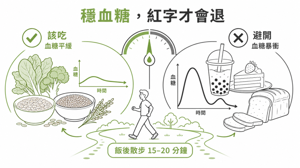 穩血糖讓尿糖紅字退去,綠燈吃高纖蔬菜全穀血糖平緩,紅燈避手搖飲蛋糕麵包血糖暴衝,飯後散步15到20分鐘