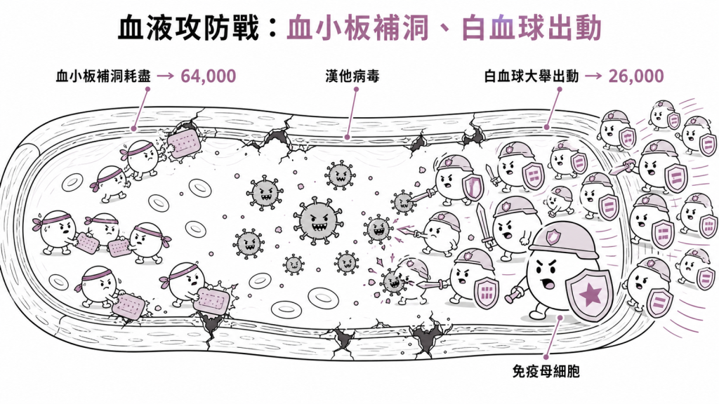 漢他病毒攻擊血管造成破洞,血小板像修護小隊被徵召補洞而過度消耗剩下約64,000、白血球像軍隊大量出動飆升到約26,000並出現免疫母細胞特種部隊