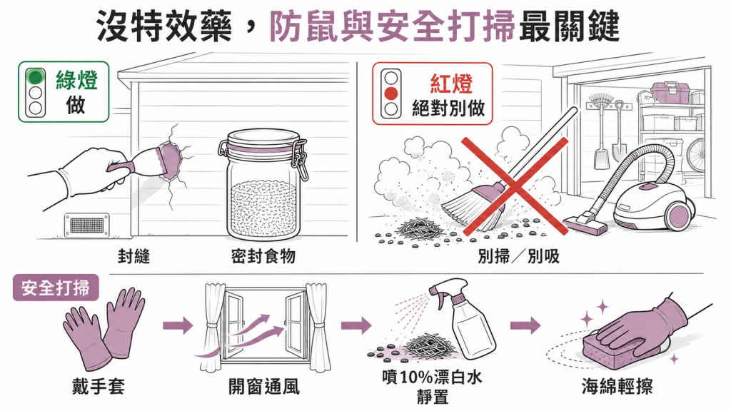 漢他病毒沒特效藥重在防鼠與安全打掃:綠燈封住孔洞縫隙並密封食物、紅燈絕對別直接掃或吸老鼠排泄物以免揚塵,安全打掃四步是戴手套開窗通風噴10%漂白水靜置再用海綿輕擦