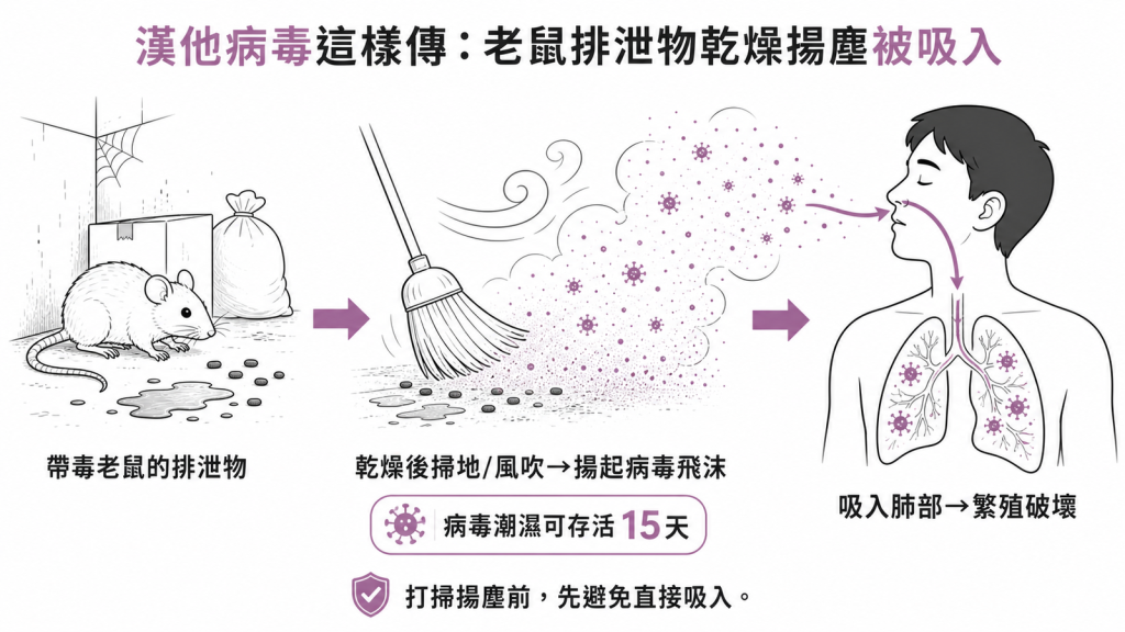 漢他病毒主要傳染途徑:帶毒老鼠的尿液糞便乾燥後經掃地或風吹揚起病毒飛沫,病毒在潮濕環境可存活15天,無防護吸入肺部後便繁殖破壞