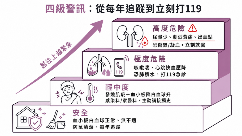 漢他病毒四級警訊:血小板白血球正常無不適就防鼠清潔每年追蹤、發燒肌痠加血小板降白血球升看感染科或家醫科並主動講接觸史、突發咳嗽喘心跳快血壓降恐肺積水打119急診、尿量少劇烈背痛出血點恐傷腎或凝血立刻就醫