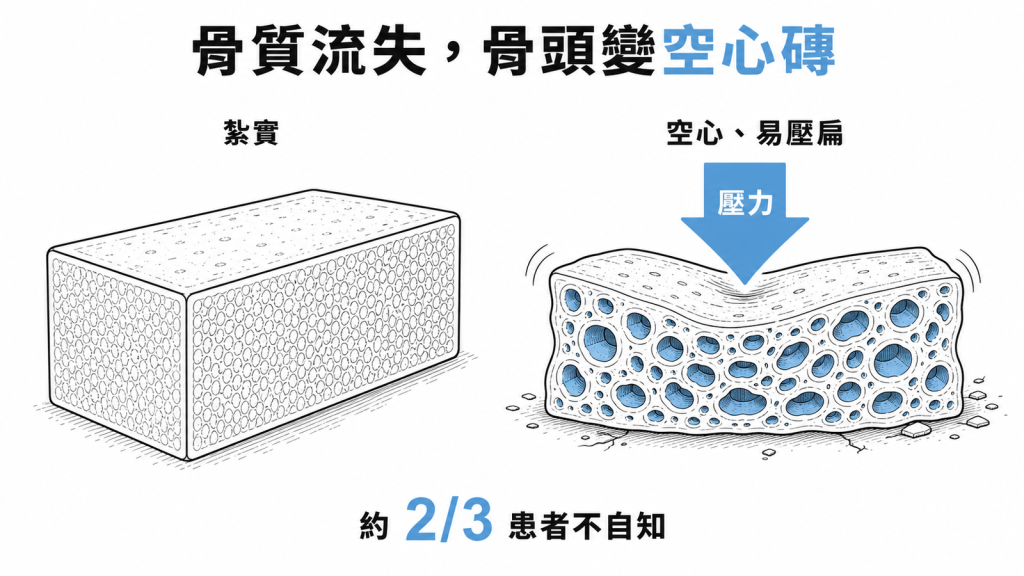 骨質流失讓骨頭變空心磚，受壓易壓扁骨折，約三分之二患者不自知