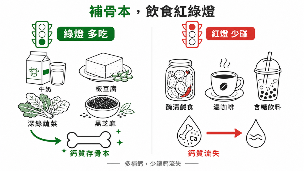 補骨本飲食紅綠燈：綠燈多吃牛奶豆腐深綠蔬菜黑芝麻，紅燈少碰醃漬鹹食濃咖啡含糖飲料