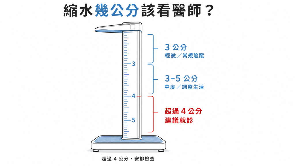 身高縮水分級：3公分內輕微、3到5公分中度、超過4公分建議就診