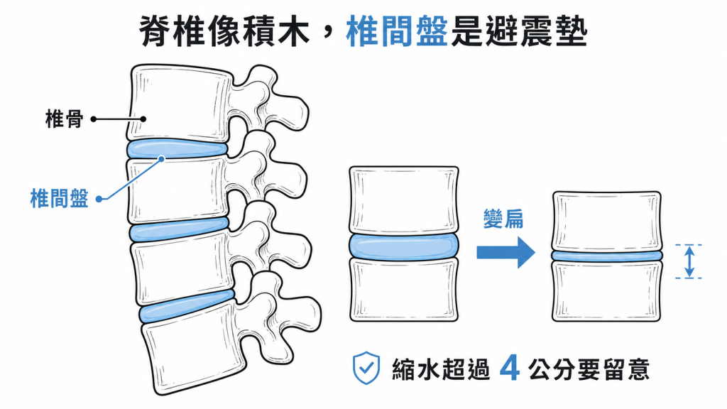 脊椎像積木，椎間盤是避震軟墊，椎間盤變扁讓身高縮水