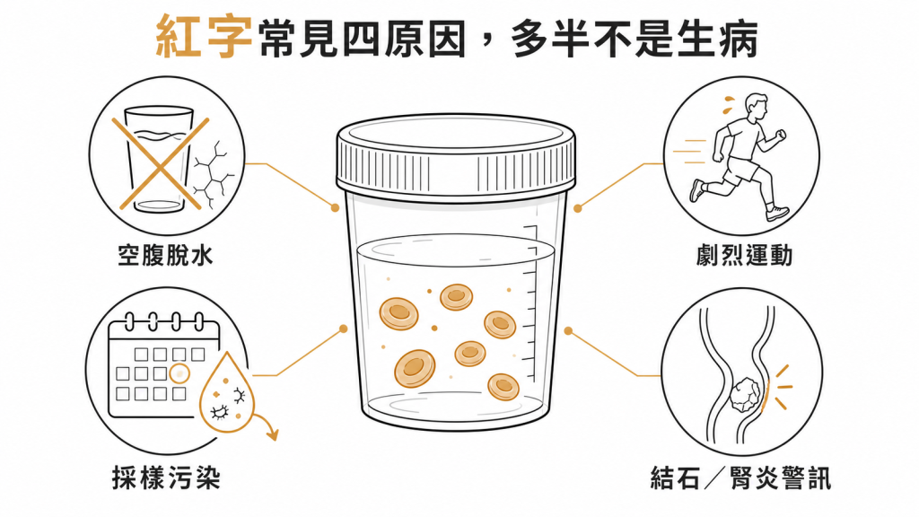 尿液紅字常見四原因:空腹脫水使尿液濃縮、劇烈運動後的運動型血尿、生理期或非中段尿造成採樣污染、以及結石或腎炎等潛在警訊