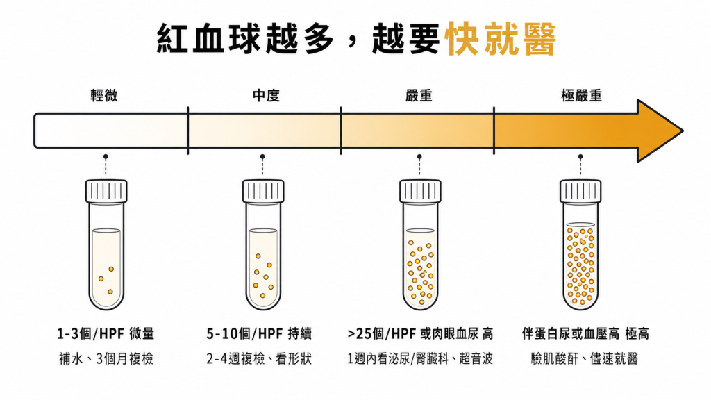 尿液紅血球分級量表:1到3個HPF微量補水3個月複檢、5到10個HPF持續2到4週複檢、超過25個或肉眼血尿1週內看泌尿或腎臟科、伴蛋白尿或血壓高須驗肌酸酐儘速就醫