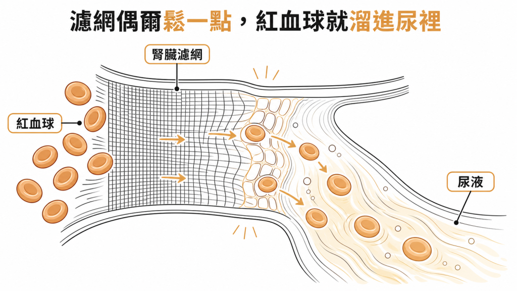 腎臟濾網示意:正常時紅血球被細密濾網擋住,脫水或疲勞讓濾網張力變鬆、網孔變大,幾顆紅血球便溜進尿液中
