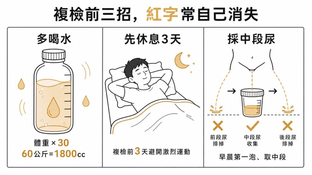 尿液複檢前三招:每天喝體重乘以30的水量例如60公斤喝1800cc、複檢前3天避開激烈運動充分休息、採早晨第一泡的中段尿先排掉前段再接中段