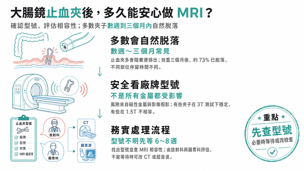 大腸鏡止血夾與 MRI 安全資訊圖：止血夾脫落時間、廠牌型號相容性與等待建議
