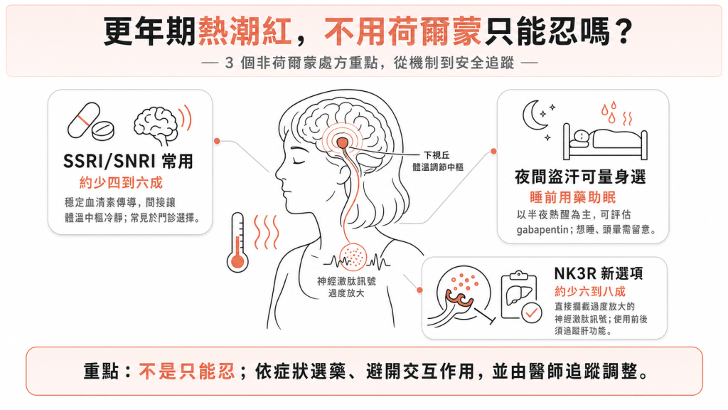 更年期熱潮紅非荷爾蒙處方資訊圖：SSRI/SNRI、gabapentin、NK3R 抑制劑機制與療效