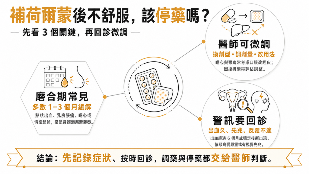 荷爾蒙療法副作用處理資訊圖：磨合期常見症狀、醫師微調與需回診警訊
