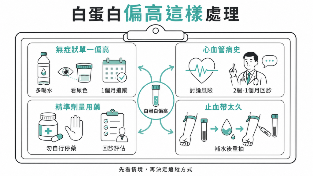 白蛋白偏高依情境處理:無症狀多喝水看尿色1個月追蹤、心血管病史討論風險回診、精準劑量用藥勿自行停藥回診評估、止血帶太久補水後重抽