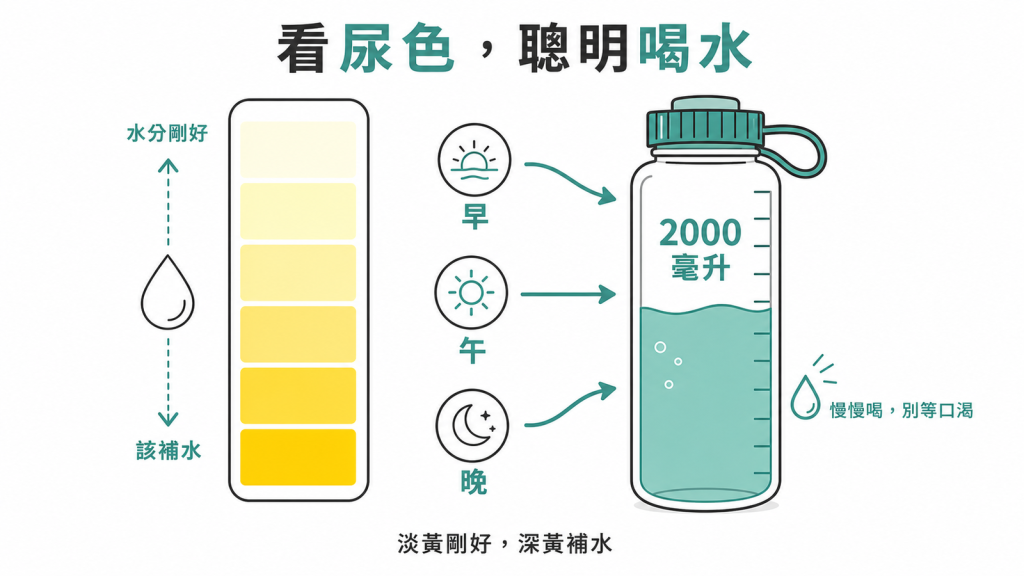 看尿色聰明喝水:淡黃像檸檬水代表剛好深黃像烏龍茶要補水,每天約2000毫升分早中晚慢慢喝別等口渴