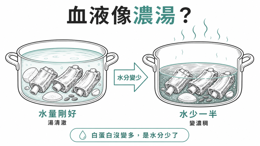 白蛋白過高像水燒乾的濃湯,白蛋白量沒變多只是血液水分變少濃度變高