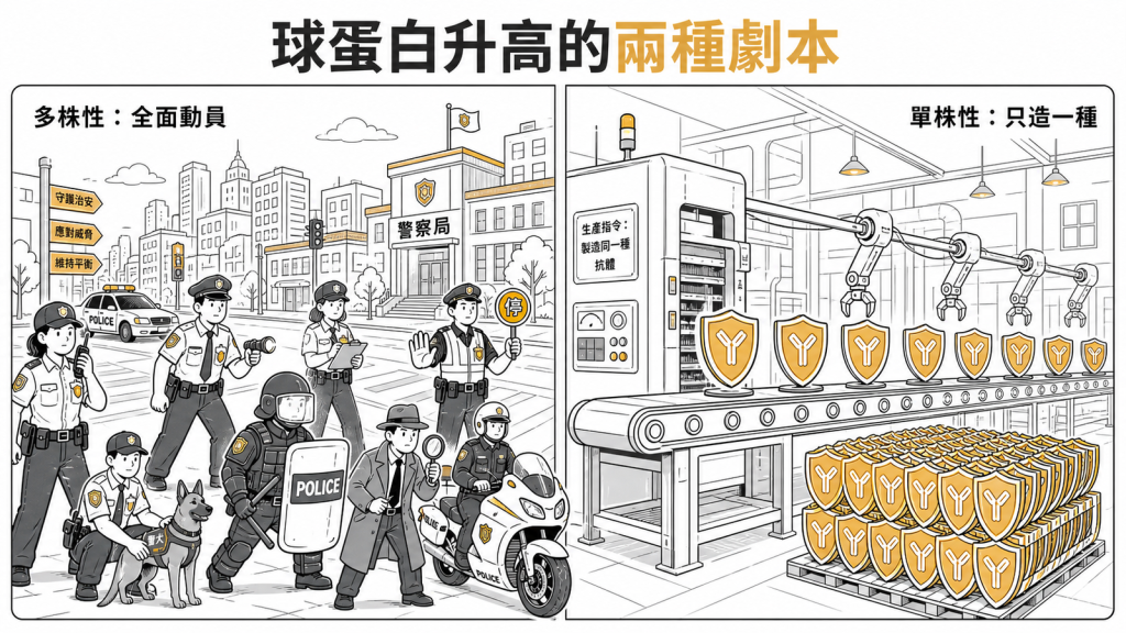 球蛋白多株性與單株性升高的對比示意圖