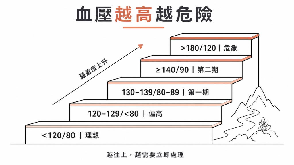 血壓五級分級（理想、偏高、第一期、第二期、危象）由低到高嚴重度遞增的階梯示意圖