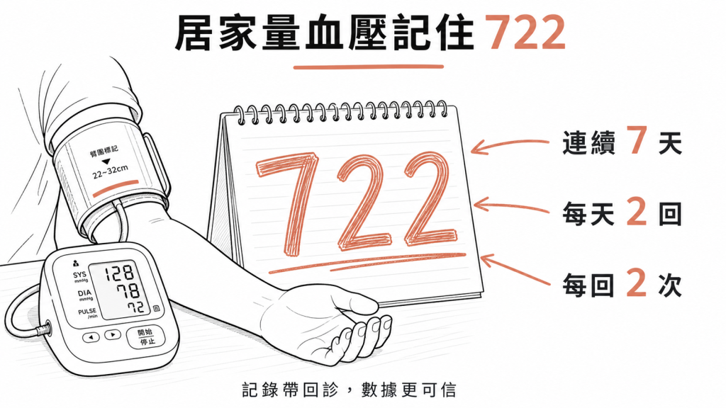居家量血壓的 722 原則（連續 7 天、每天 2 回、每回 2 次）示意圖